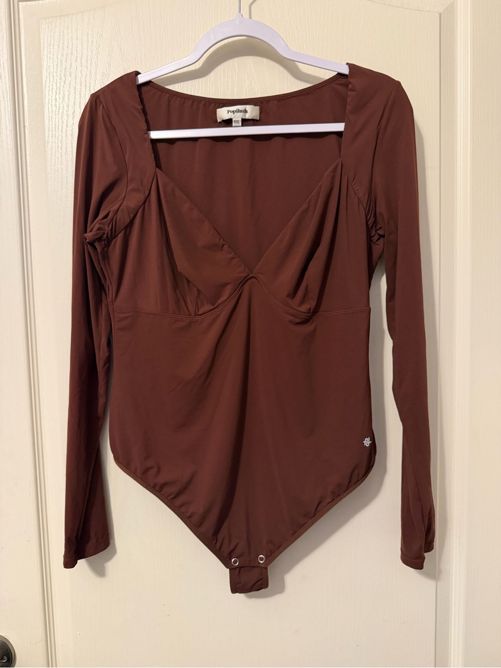 Popilush Brown Long-Sleeve V-Neck Bodysuit